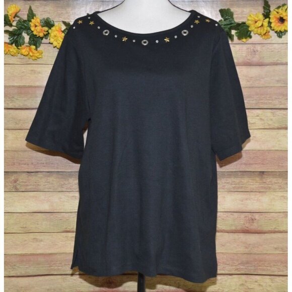 Quacker Factory Ladies XL Short Sleeve Studded Pullover Black Blouse Knit Top - Picture 1 of 9